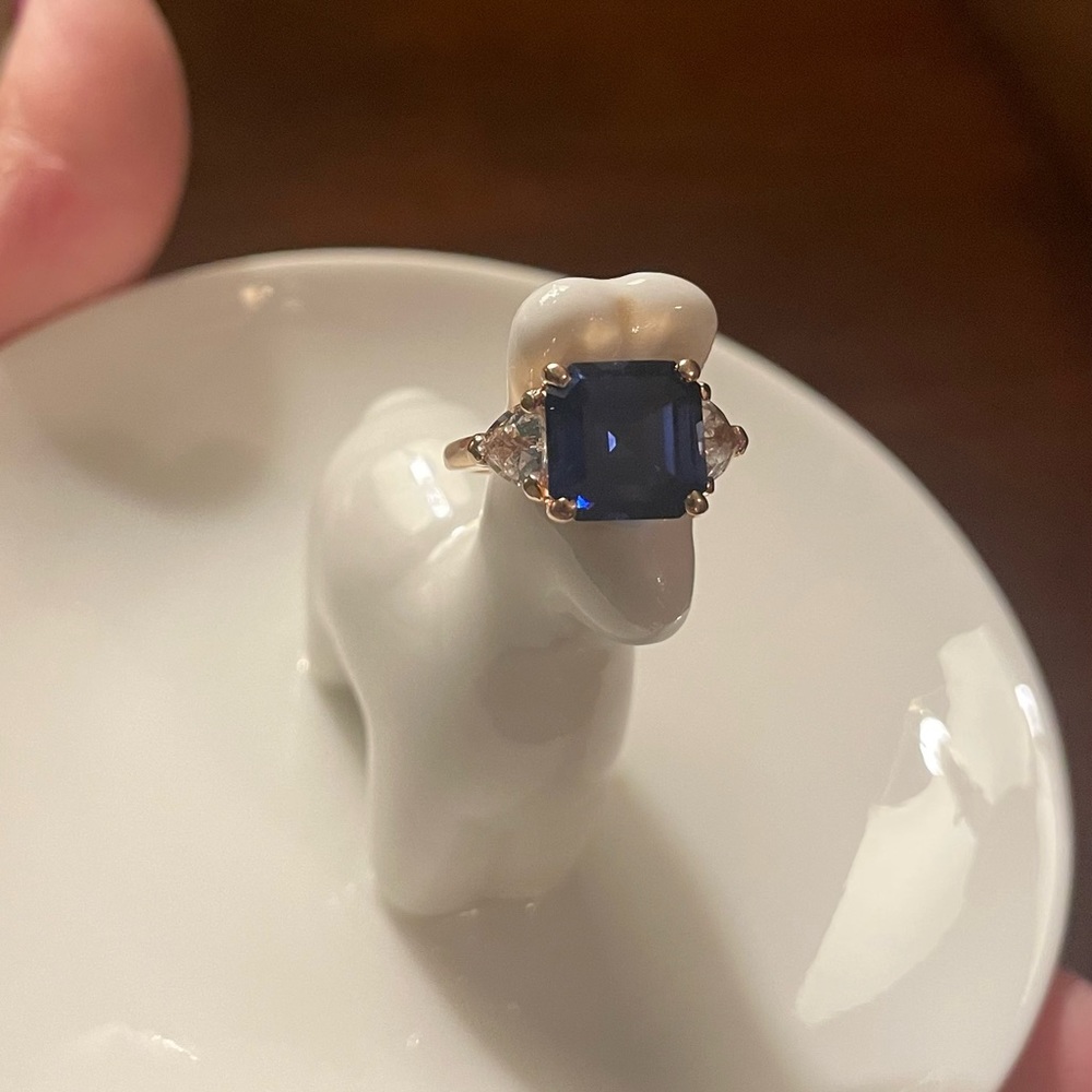 Blue sapphire and white sapphire rose gold 14k ring asscher